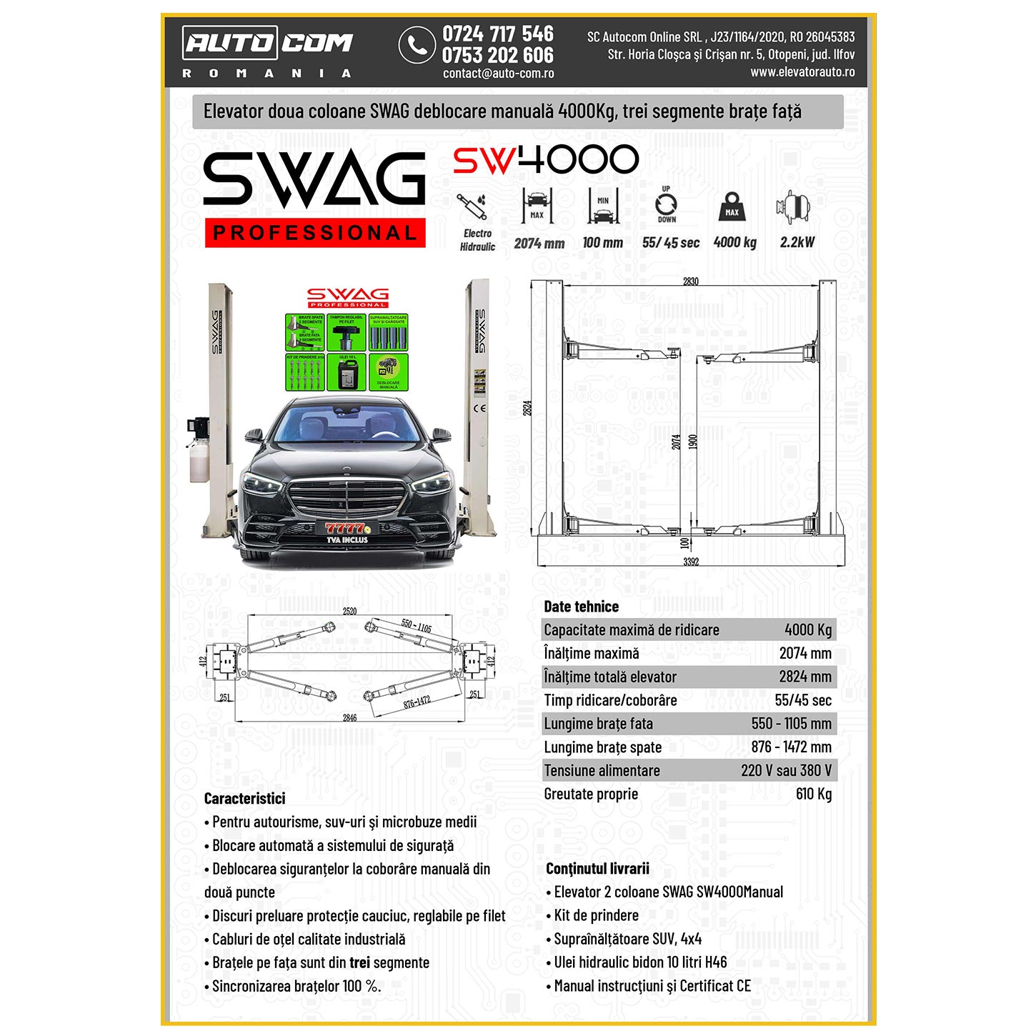Elevator 2 coloane SWAG 4000kg deblocare manuala Elevator 2 coloane SWAG 4000kg deblocare manuala